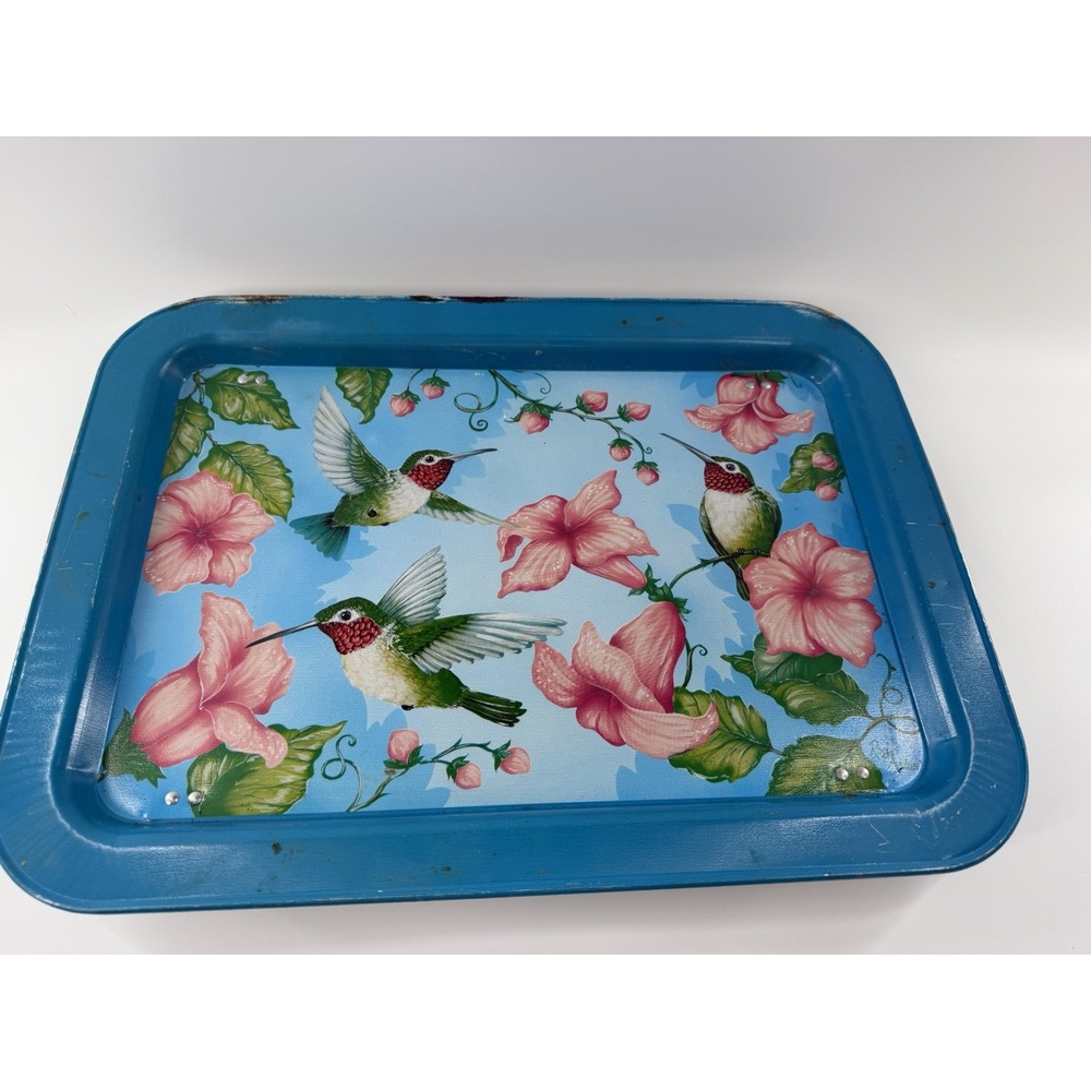 Vintage Ross Anderson Hummingbird TV Tray Table Folding Metal Floral Blue